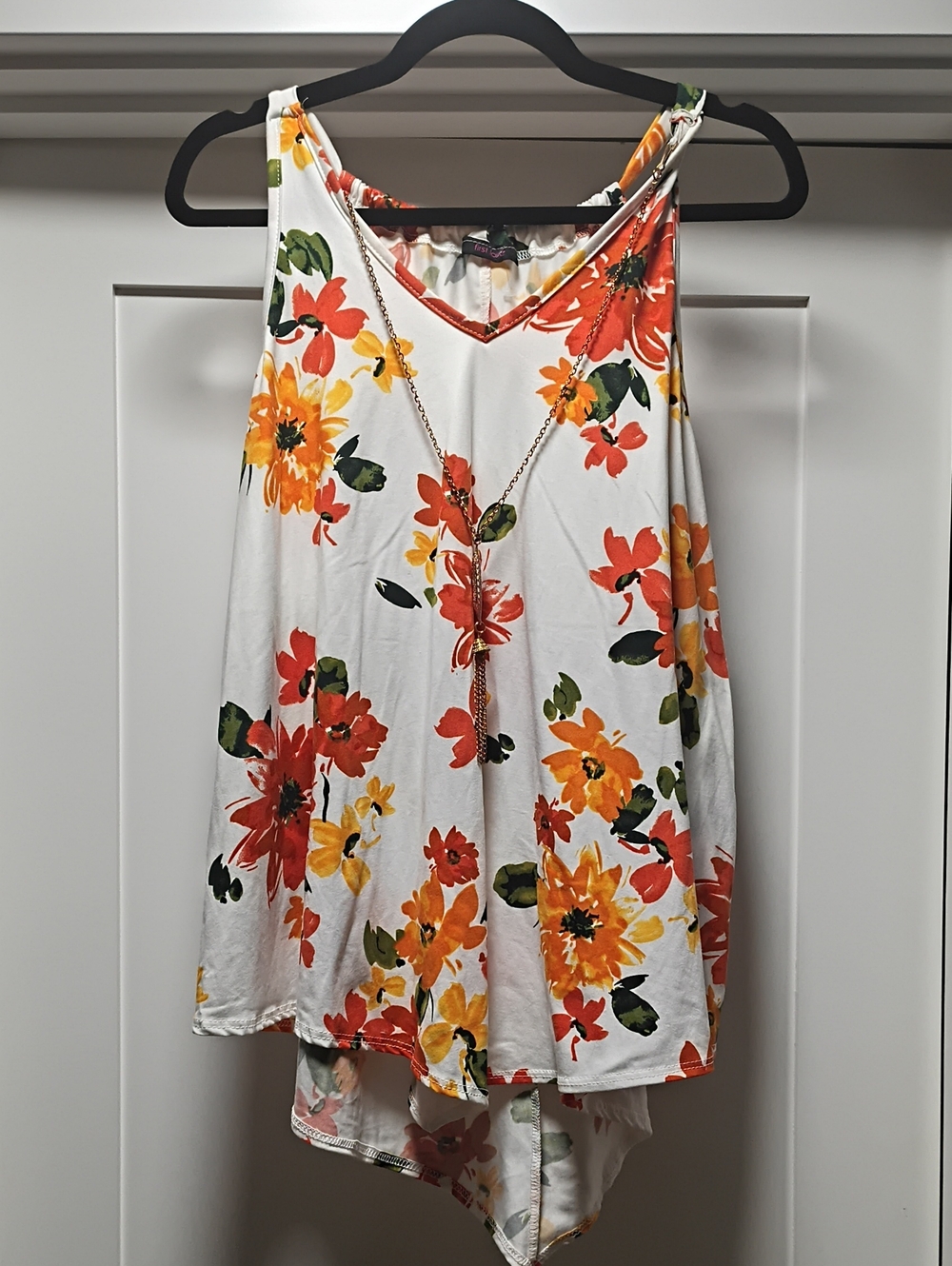 First Love White Floral V-Neck Tank with Red and Orange Blooms